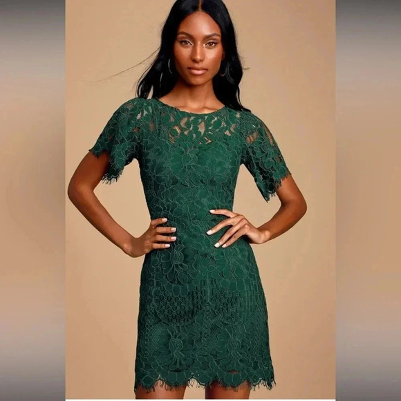 Lulu’s - Pearson Emerald Green Lace Short Sleeve Dress - Size Small - Picture 1 of 14